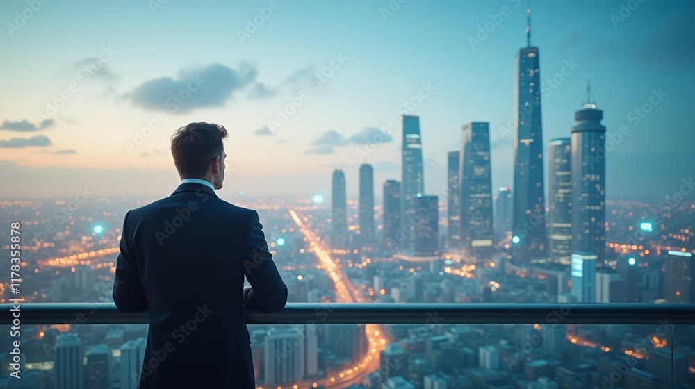 Man in Suit Admires Cityscape at Dusk Man in Suit Admires Cityscape at Dusk