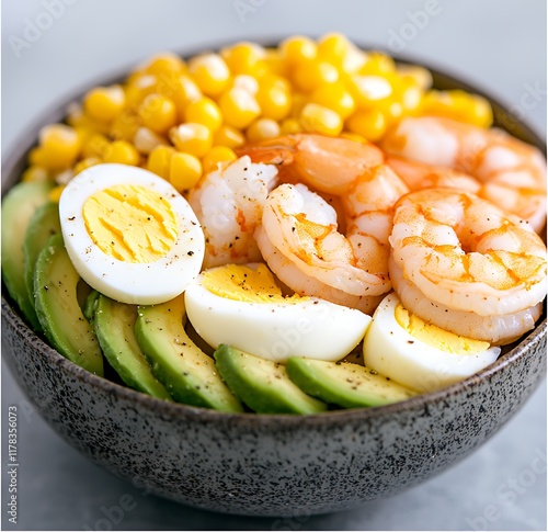 Healthy food bowl with shrimp avocado and corn home kitchen delicious recipe bright setting top view nutrition focus photo