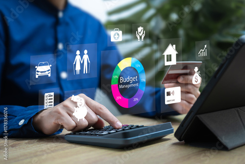 Photography Budget planning, Salary management concept, Businesswoman plan monthly expenses,