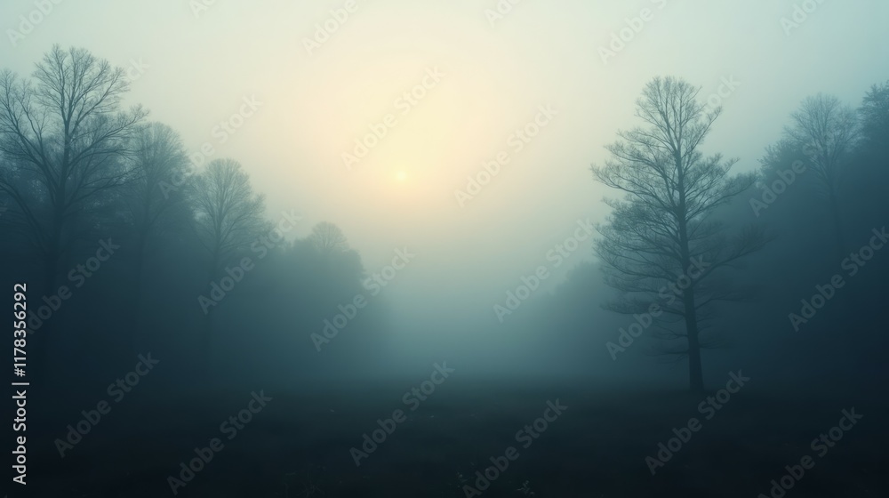 Fototapeta premium Misty Dawn Illuminates Bare Trees in Foggy Forest