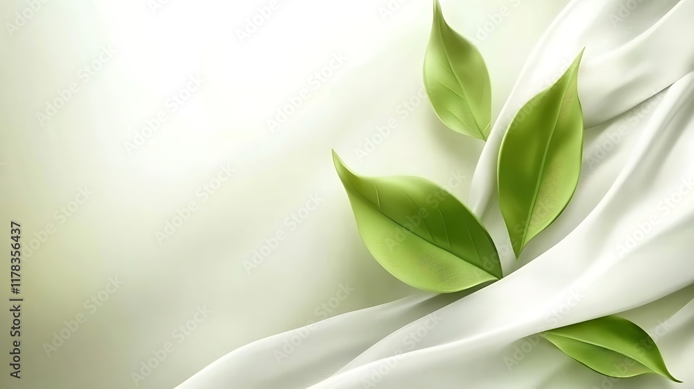 Fototapeta premium Green leaves rest gently on flowing white fabric