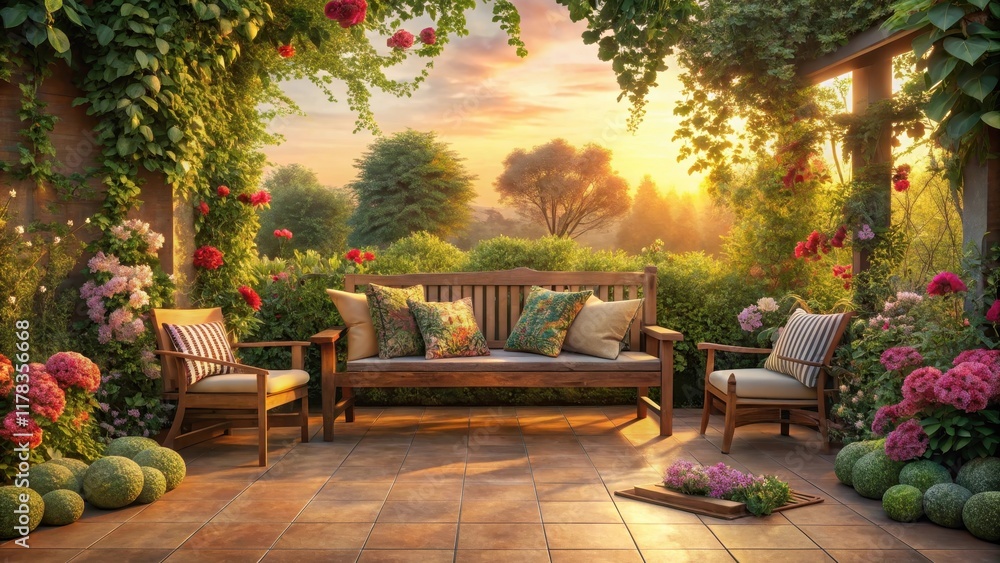 Obraz premium Serene Garden Patio Retreat at Sunrise with Wooden Furniture and Lush Blooming Flowers