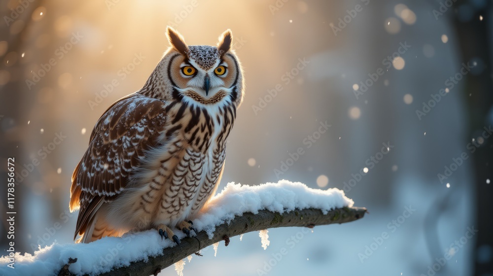 Majestic Owl Perched on Snowy Branch in Winter Sunlight Majestic Owl Perched on Snowy Branch in Winter Sunlight