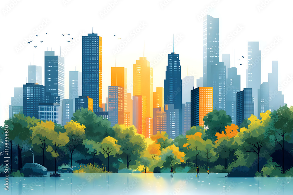 Obraz premium A flat-design vector illustration of a cityscape with modern buildings, green parks, cars, and people walking. The buildings are simplified with geometric shapes and bright, pastel colors.