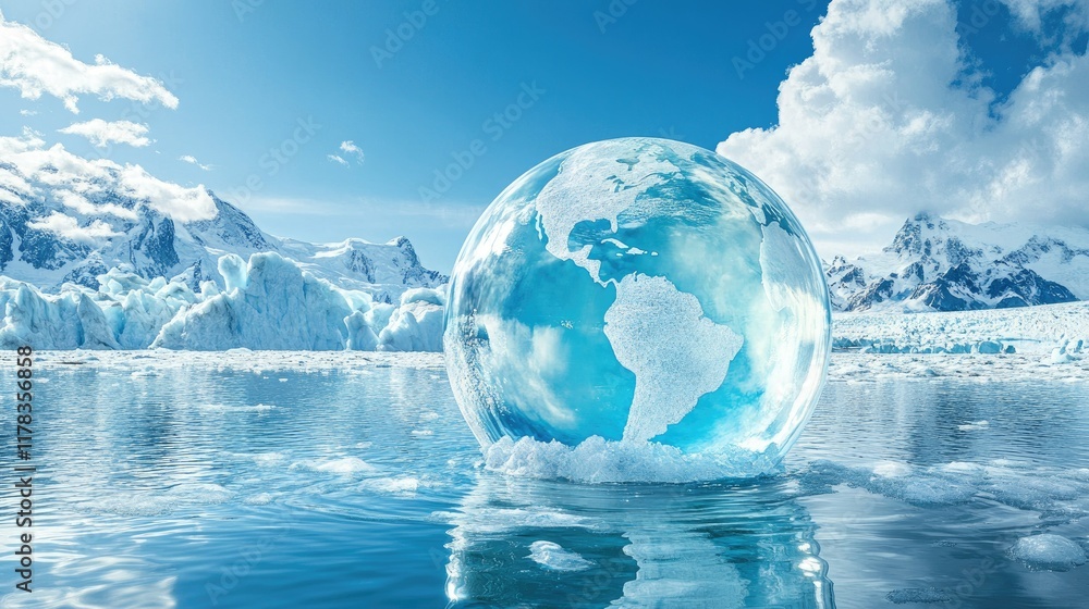 Floating ice cube encasing Earth, surrounded by glacial waters, symbolizing environmental vulnerability. Floating ice cube encasing Earth, surrounded by glacial waters, symbolizing environmental vulnerability.