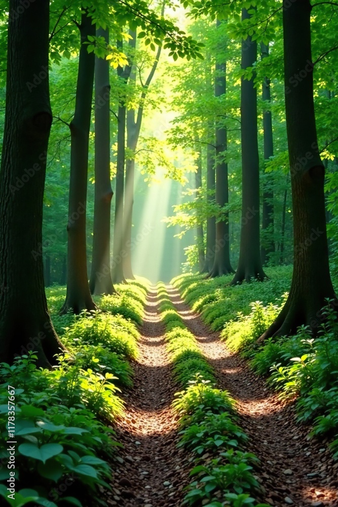 Obraz premium Dappled sunlight filters through trees on a forest path, nature, path, foliage