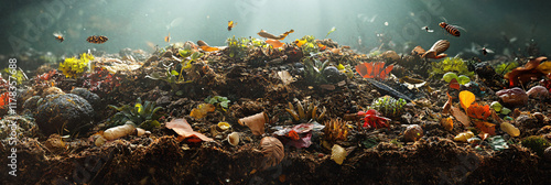 An abstract illustration of a biodynamic compost heap, with layers of organic materials beautifully arranged, attracting vibrant insects and microorganisms that support fertility.  