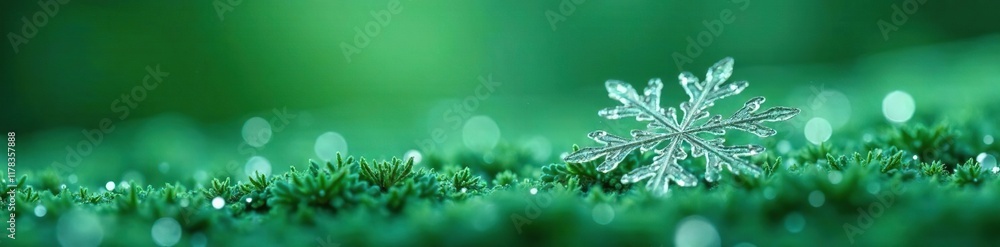 Delicate snowflake falls gently on a bed of emerald green, frosty decorations, frosty, delicate flakes Delicate snowflake falls gently on a bed of emerald green, frosty decorations, frosty, delicate flakes