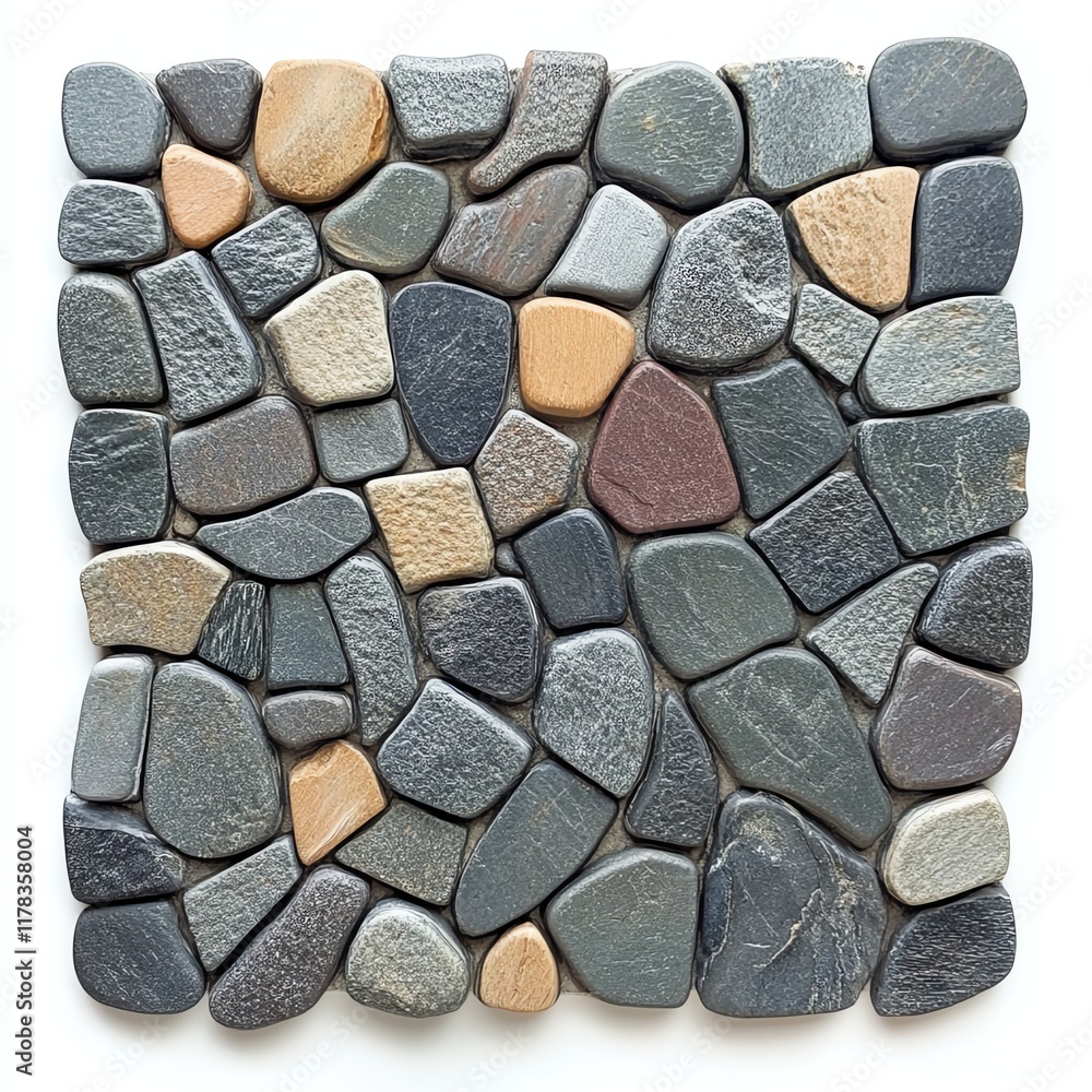 Close-up of various smooth stones arranged in a decorative pattern, white isolated background. Close-up of various smooth stones arranged in a decorative pattern, white isolated background.