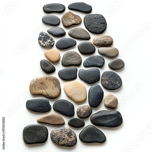 Collection of smooth stones, various shapes and sizes, white isolate background photo