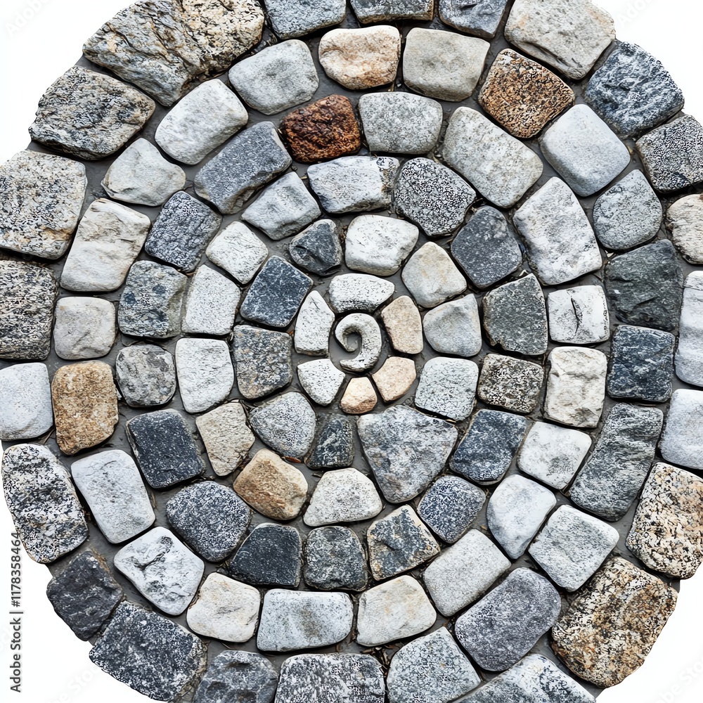 Spiral stone mosaic design with various stones on a white isolate background. Spiral stone mosaic design with various stones on a white isolate background.