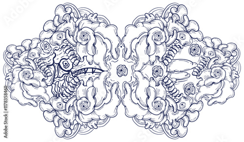 Doodle art pattern design in black and white brush style. It shows odd creatures interacting to give shape to new ones. The seamless design aligns in a mirrored way following two symmetrical axes