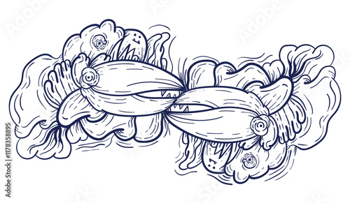 Doodle art pattern design in black and white brush style. It shows odd creatures interacting to give shape to new ones. The seamless design aligns in a mirrored way following two symmetrical axes