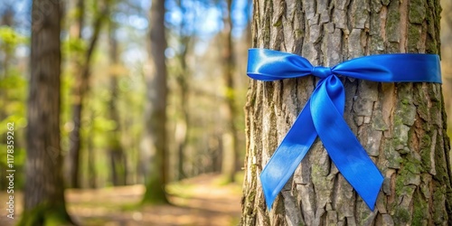 A blue ribbon tied around a tree trunk with a small flag attached , foliage, outdoor,  foliage, outdoor,blue ribbon