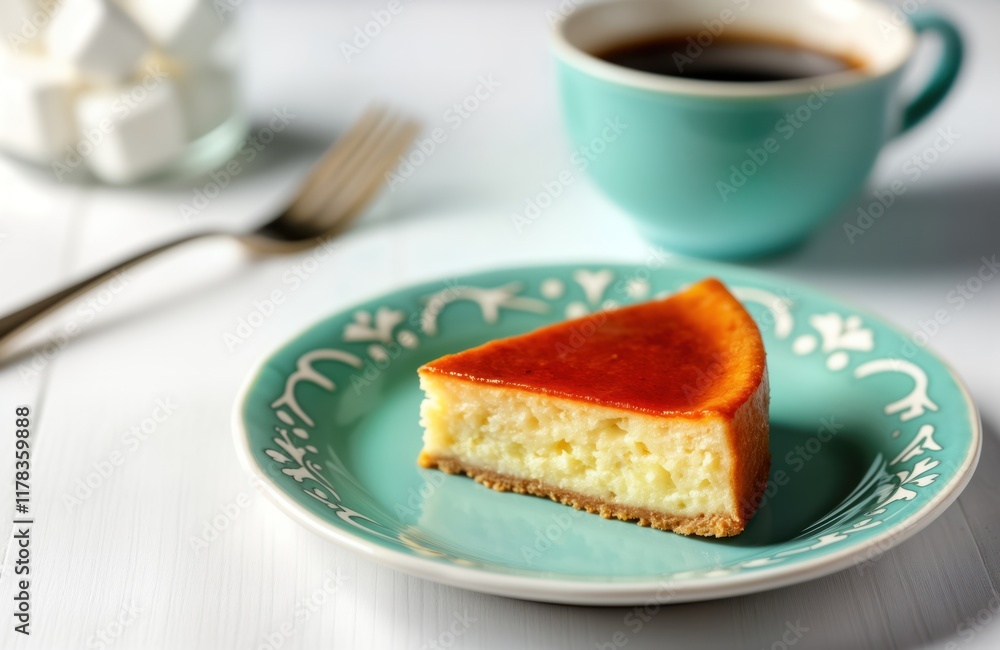 Closeup view of slice of traditional Balkan trilece dessert. Sweet creamy pastry with caramel topping on teal plate. Cup of coffee in background. Delicious treat for sweet moment. Perfect for bakery Closeup view of slice of traditional Balkan trilece dessert. Sweet creamy pastry with caramel topping on teal plate. Cup of coffee in background. Delicious treat for sweet moment. Perfect for bakery