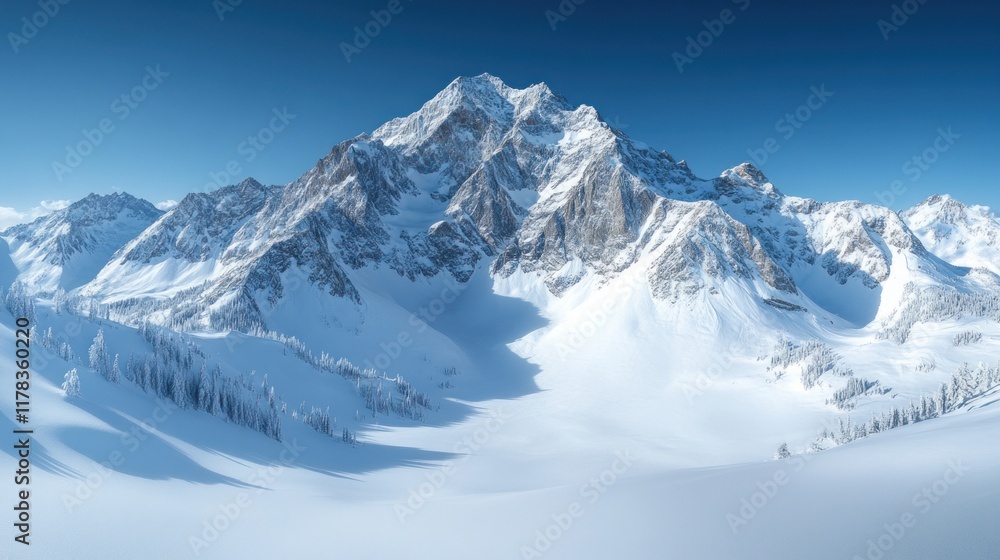 Fototapeta premium A breathtaking snowy mountain landscape under a clear blue sky.