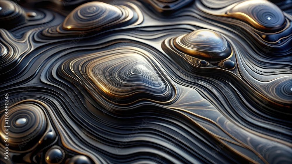 Obraz premium Dark, glossy, and glassy surface with intricate, wavy, and swirling patterns of obsidian , glossy, rock, glossy, rock, wave