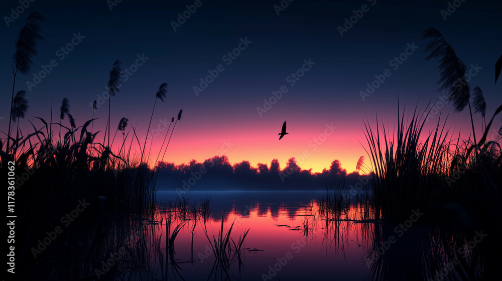 Obraz premium Minimal marsh scene at twilight, focusing on soft silhouettes of grasses and reeds against a gradient sky of purple and orange hues.