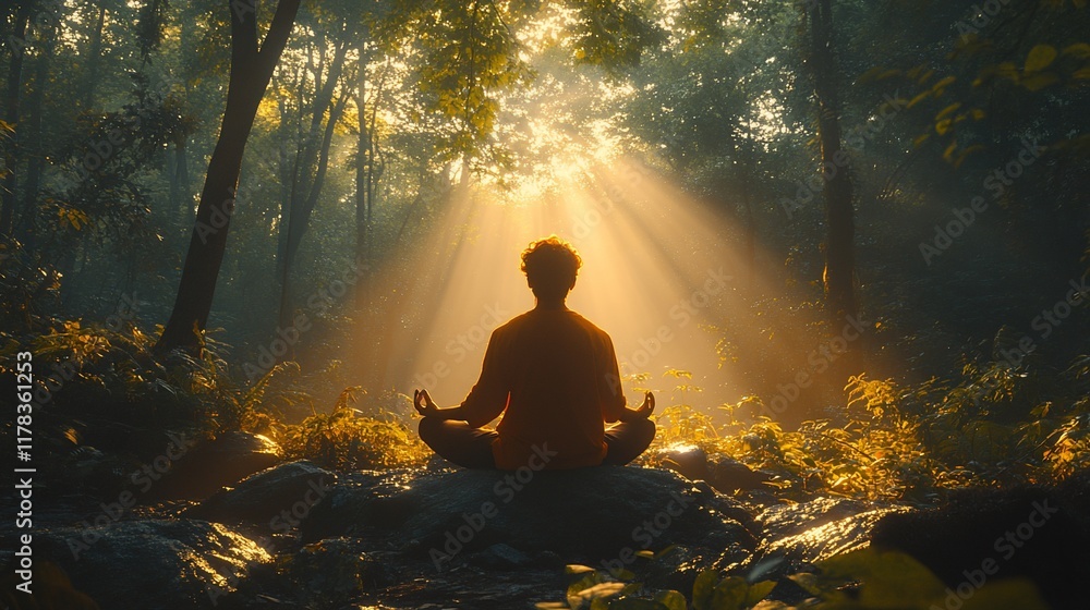 Sunrise forest meditation, serene nature peace Sunrise forest meditation, serene nature peace