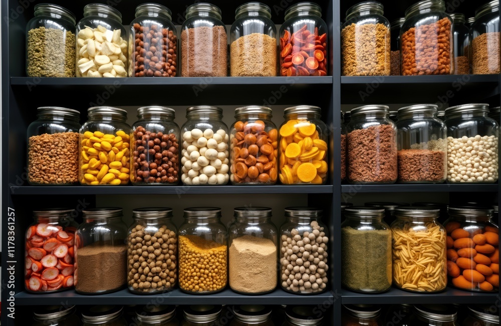 Plenty of glass jars stacked orderly in pantry. Different food items visible inside jars. Organized food storage in home pantry. Variety of dehydrated goods. Healthy eating, preparedness concept. Plenty of glass jars stacked orderly in pantry. Different food items visible inside jars. Organized food storage in home pantry. Variety of dehydrated goods. Healthy eating, preparedness concept.