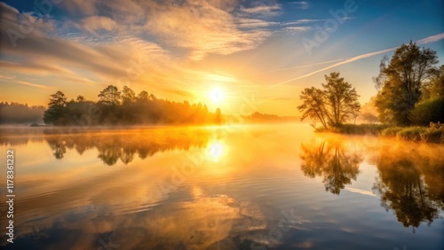 Wallpaper Mural Early morning sunrise over a tranquil lake with misty atmosphere and warm golden light reflecting on the water surface, mist Torontodigital.ca