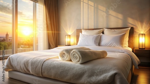 Wallpaper Mural Warm Sunset Glow Illuminates a Luxurious Hotel Room Featuring a Soft, Plush Bed with Crisp White Linens and Neatly Rolled Towels Torontodigital.ca