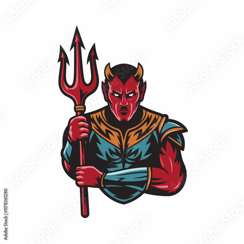 devil character hold trident design logo illustration