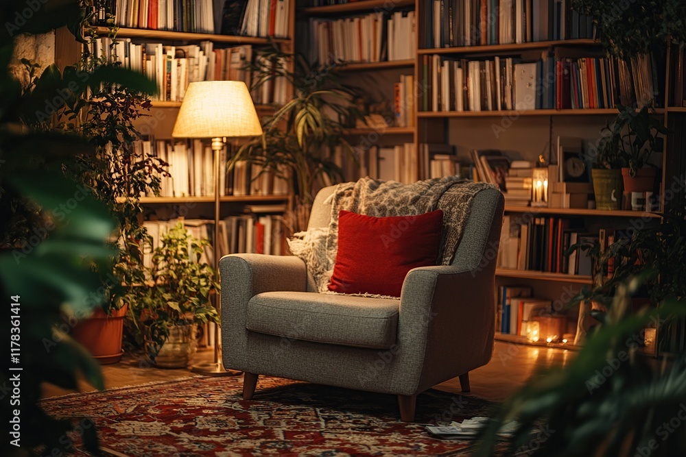 Cozy Reading Nook: Armchair, Bookshelves, Plants, and Warm Lighting Create a Relaxing Atmosphere for Peaceful Evening Reading. Cozy Reading Nook: Armchair, Bookshelves, Plants, and Warm Lighting Create a Relaxing Atmosphere for Peaceful Evening Reading.