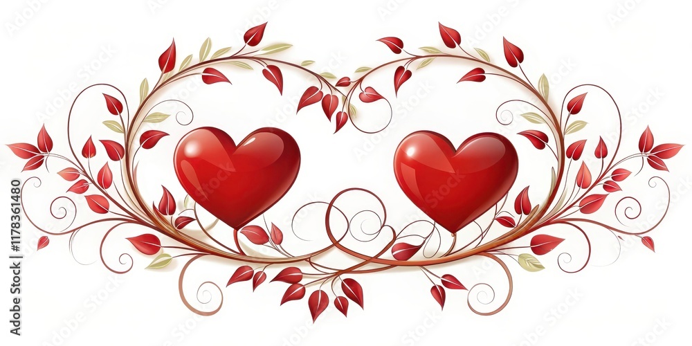 Two red hearts intertwined with a subtle floral design and gentle vines forming around them, romantic, symbol, romantic Two red hearts intertwined with a subtle floral design and gentle vines forming around them, romantic, symbol, romantic