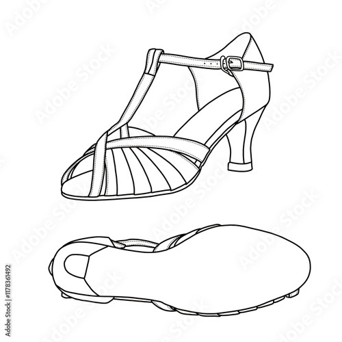 Technical sketch hand-drawing of women's Latin salsa dance ballroom dance shoe, tango dance shoe. Outline vector doodle illustration, front, side, and bottom view. Isolated on a white background.