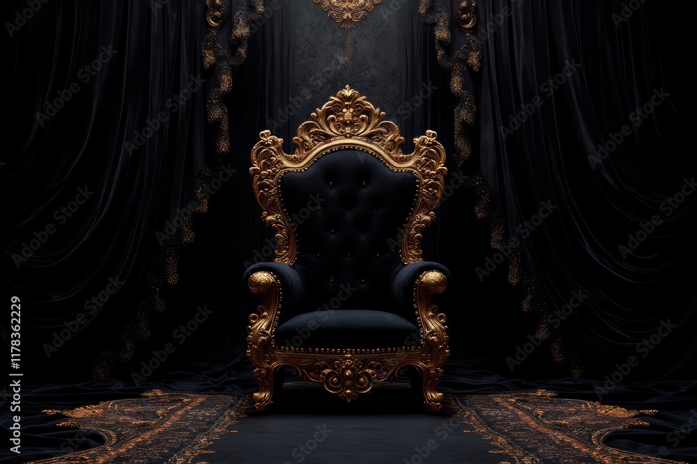 Regal Gold Throne in Dark Velvet Drapery Setting Regal Gold Throne in Dark Velvet Drapery Setting