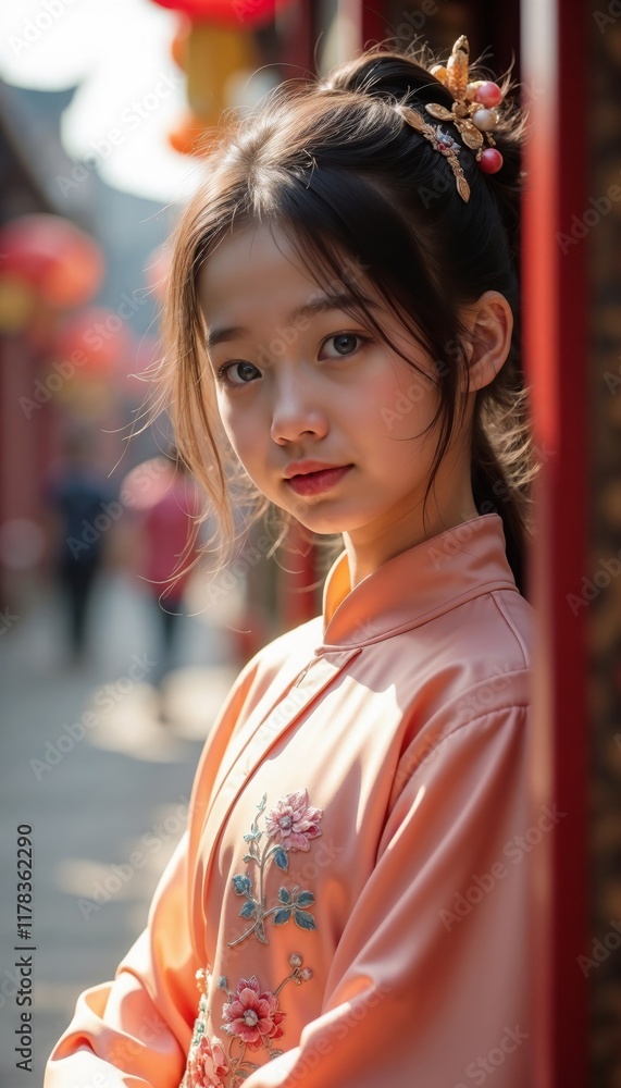 Young Asian woman in pink traditional Chinese dress with floral embroidery.Chinese New Year, cultural celebration, fashion poster, tradition, holiday spirit, festival.Heritage. Tradition. Cultural pri Young Asian woman in pink traditional Chinese dress with floral embroidery.Chinese New Year, cultural celebration, fashion poster, tradition, holiday spirit, festival.Heritage. Tradition. Cultural pri