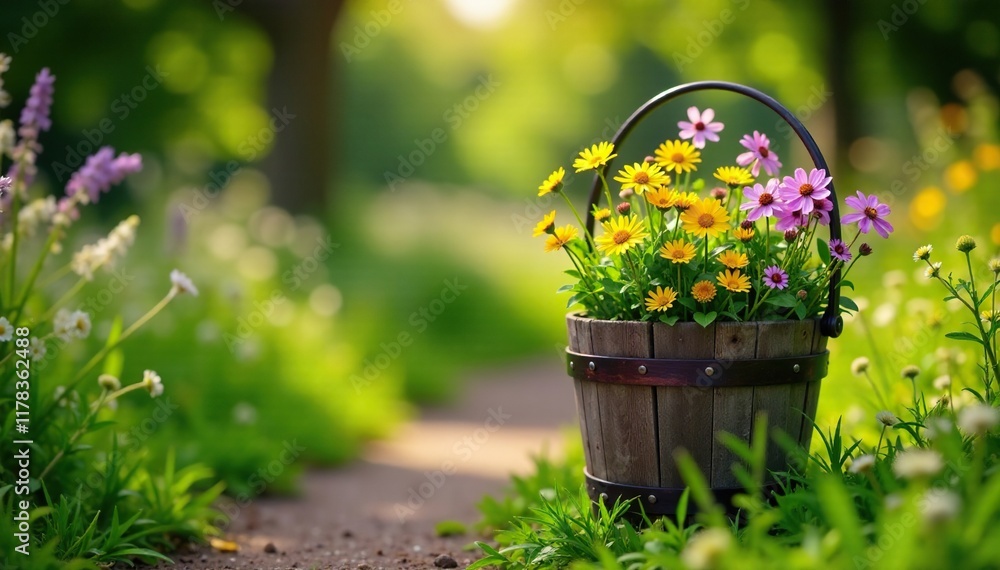 Wildflowers in a rustic wooden bucket on a garden path, , Countryside charm, Holzbuckel Wildflowers in a rustic wooden bucket on a garden path, , Countryside charm, Holzbuckel