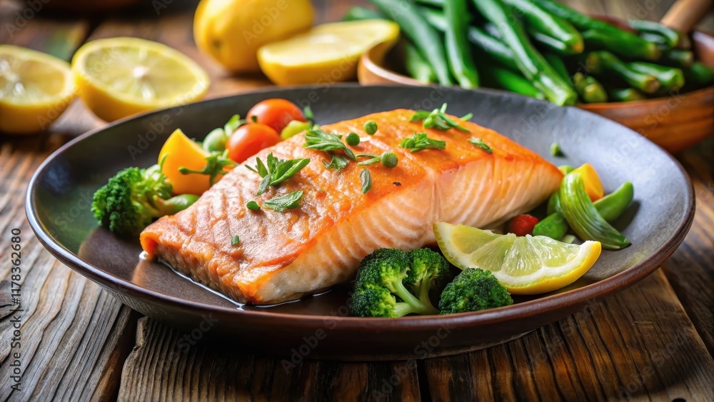 Pan-seared salmon fillet on a plate with a side of steamed vegetables and lemon wedges, seafood, pan seared Pan-seared salmon fillet on a plate with a side of steamed vegetables and lemon wedges, seafood, pan seared
