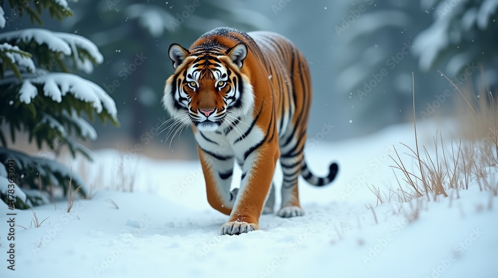 Obraz premium Majestic Siberian Tiger Walking Through Winter Snow