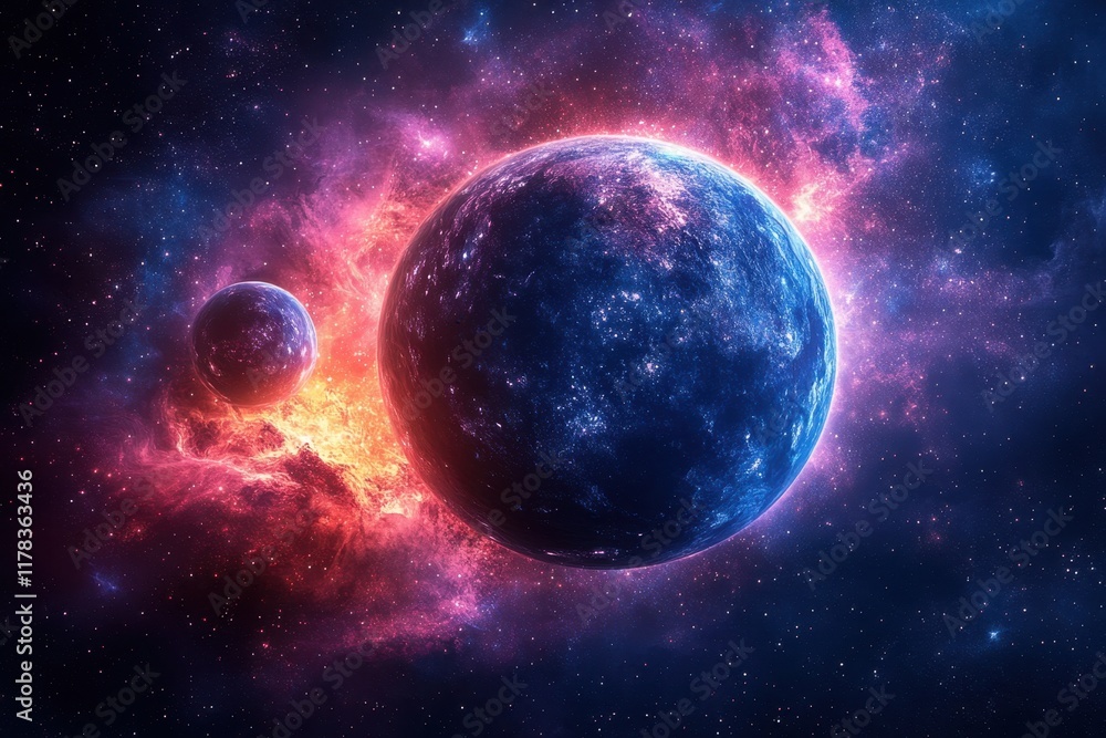 Fototapeta premium A vibrant cosmic scene featuring two planets amidst a colorful nebula.