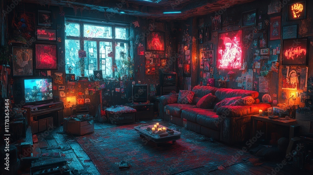 Cyberpunk room, neon lights, posters, grunge, sofa, window, cluttered, messy, vintage, television, game console, candles, rug.