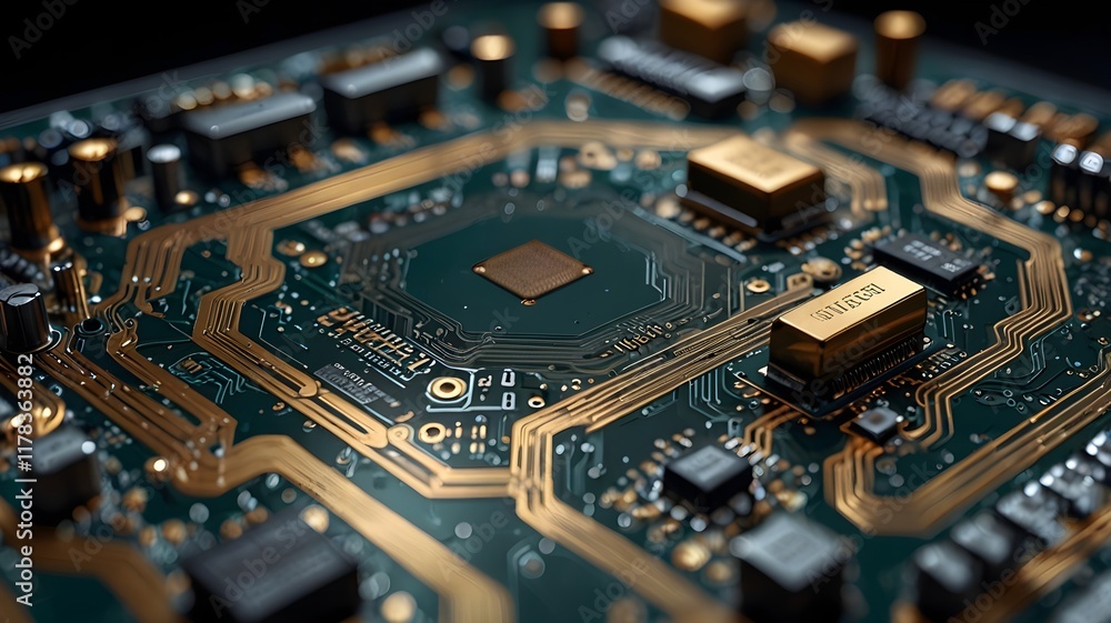 A close-up of a green electronic circuit board with microchips, capacitors, and components, showcasing computer technology and hardware A close-up of a green electronic circuit board with microchips, capacitors, and components, showcasing computer technology and hardware