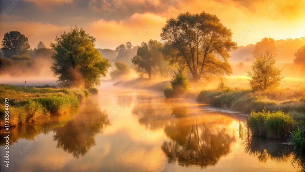 Obraz premium Golden Sunrise Over Serene River Mist, Illuminating Lush Green Banks and Silhouetted Trees Reflecting in Still Waters