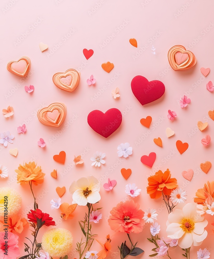 A whimsical scene of vibrant flowers and delicate hearts dances on a soft pink backdrop, celebrating love and affection in a charming display. A whimsical scene of vibrant flowers and delicate hearts dances on a soft pink backdrop, celebrating love and affection in a charming display.