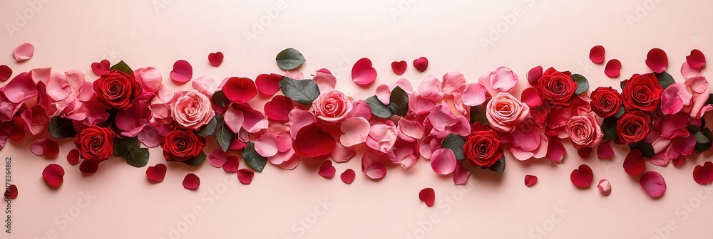 A romantic display of vibrant roses adorns the wall, their delicate petals scattered like whispers of love across the surface, creating a dreamy atmosphere. A romantic display of vibrant roses adorns the wall, their delicate petals scattered like whispers of love across the surface, creating a dreamy atmosphere.