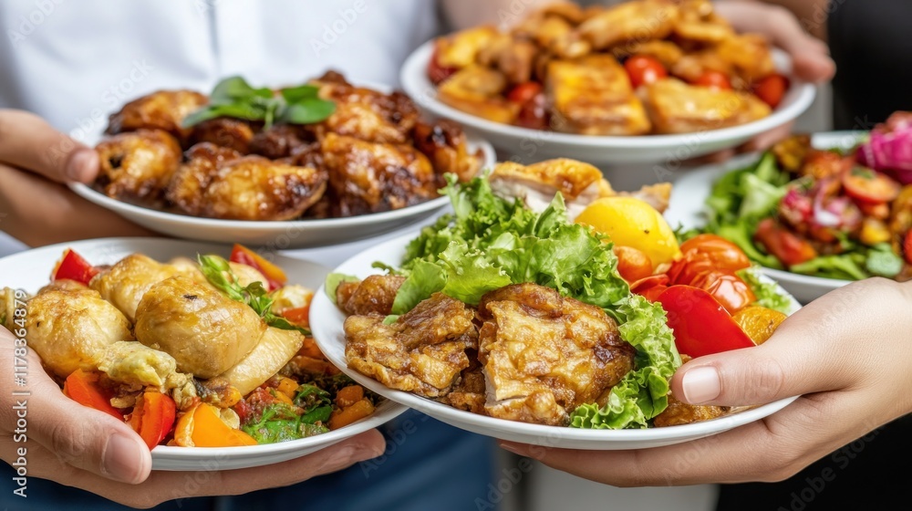 A variety of delicious dishes served on plates for sharing. A variety of delicious dishes served on plates for sharing.
