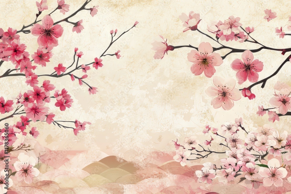 Delicate pink cherry blossoms against a soft textured background. Delicate pink cherry blossoms against a soft textured background.