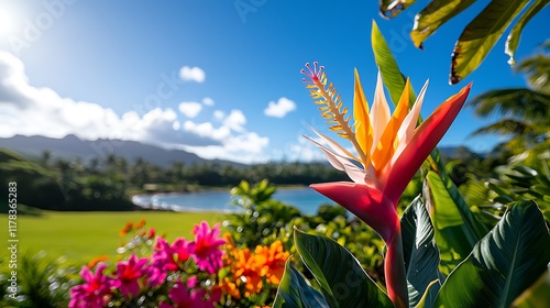 Vibrant bird of paradise flower in full bloom against a tropical landscape backdrop.