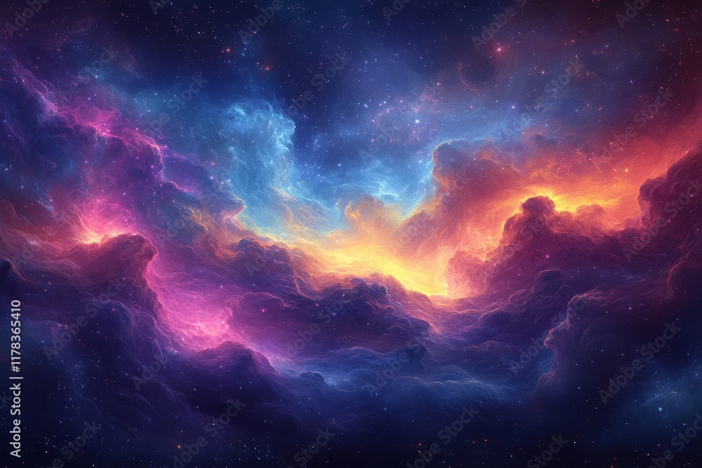 Naklejka premium A vibrant cosmic scene filled with colorful nebulae and stars, evoking a sense of wonder.