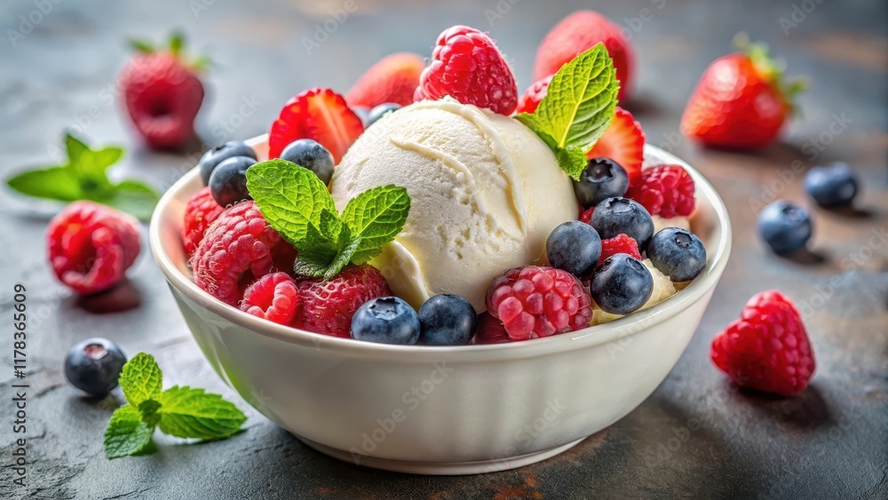 A colorful scoop of vanilla ice cream topped with juicy mixed berries such as blueberries strawberries and raspberries in a shallow bowl , dessert toppings, ice cream flavors A colorful scoop of vanilla ice cream topped with juicy mixed berries such as blueberries strawberries and raspberries in a shallow bowl , dessert toppings, ice cream flavors