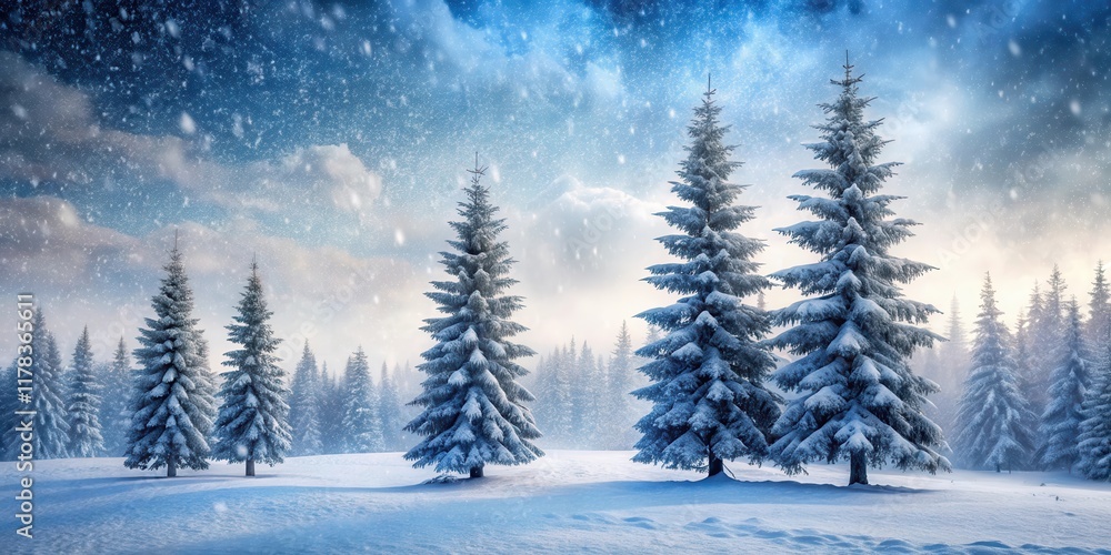 Naklejka premium Frosty pine trees standing tall amidst the remnants of a blizzard, with snowflakes gently falling from the sky and a serene winter landscape in the background , nature, landscape