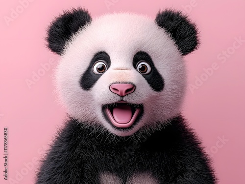 Adorable Panda Bear with Surprised Facial Expression on Pink Background