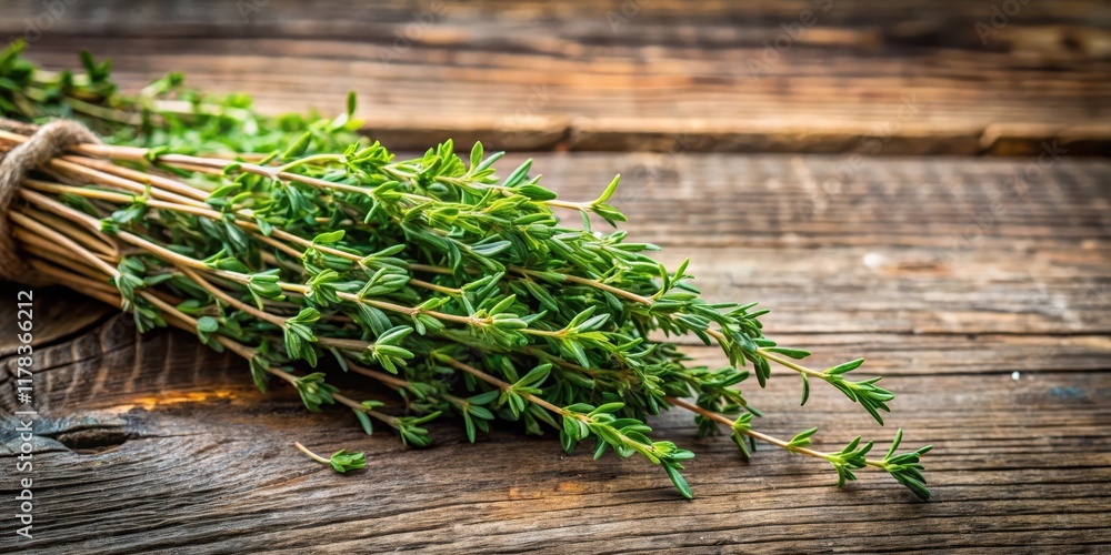 Freshly harvested organic thyme sprigs against a rustic wooden background , thyme, organic Freshly harvested organic thyme sprigs against a rustic wooden background , thyme, organic
