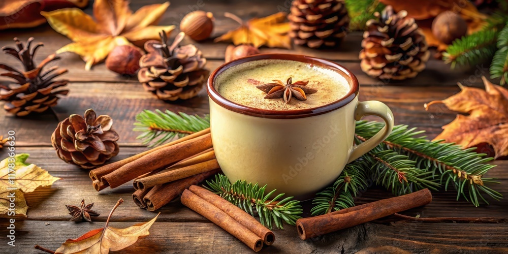 Warm eggnog with cinnamon in a traditional mug on a wooden table surrounded by autumn leaves and pinecones Warm eggnog with cinnamon in a traditional mug on a wooden table surrounded by autumn leaves and pinecones
